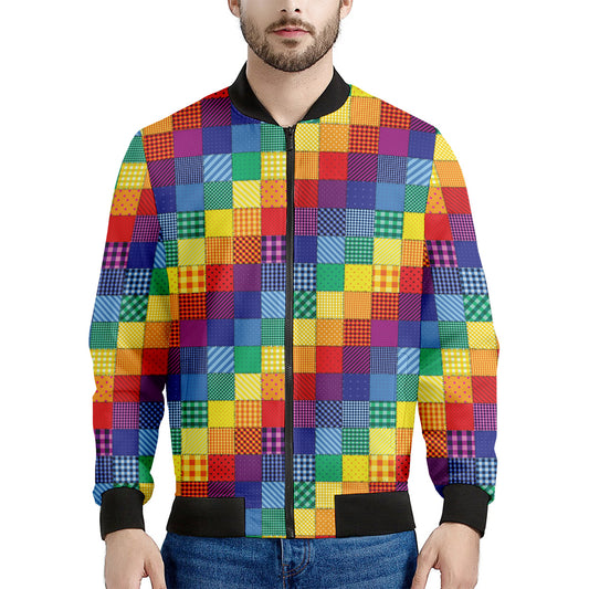 Rainbow Patchwork Pattern Print Men's Bomber Jacket