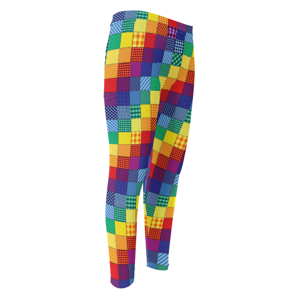 Rainbow Patchwork Pattern Print Men's Compression Pants