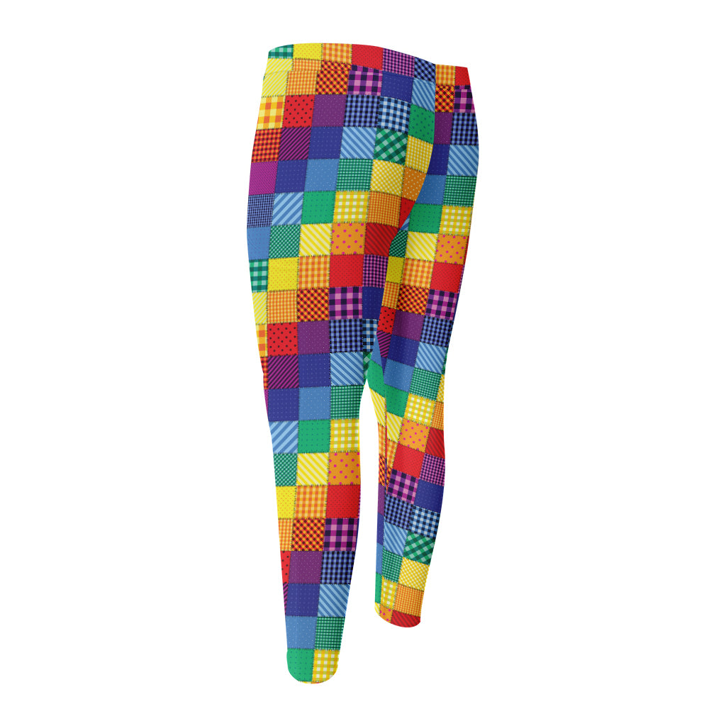 Rainbow Patchwork Pattern Print Men's Compression Pants