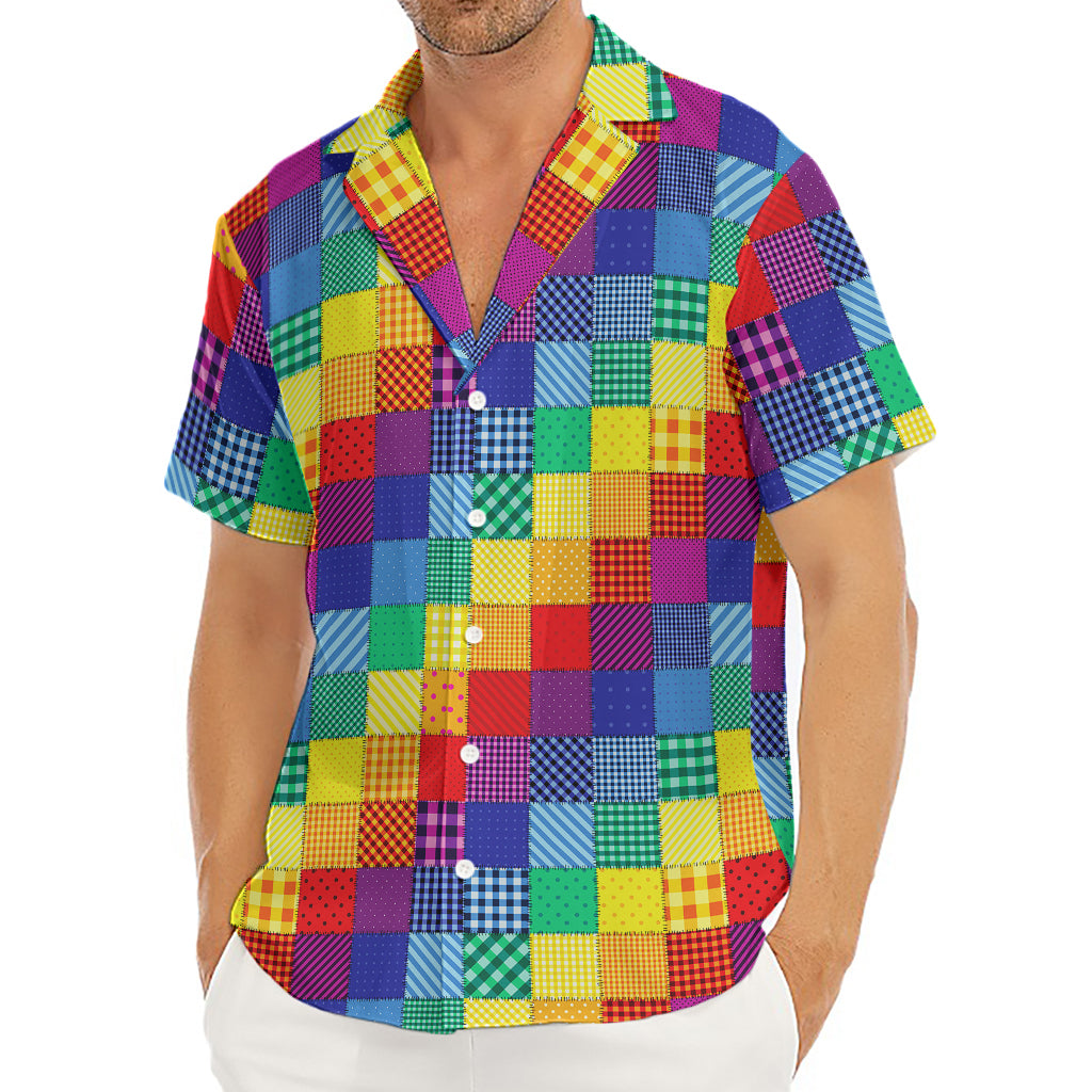 Rainbow Patchwork Pattern Print Men's Deep V-Neck Shirt
