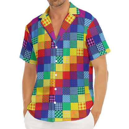 Rainbow Patchwork Pattern Print Men's Deep V-Neck Shirt