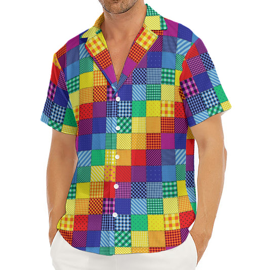 Rainbow Patchwork Pattern Print Men's Deep V-Neck Shirt