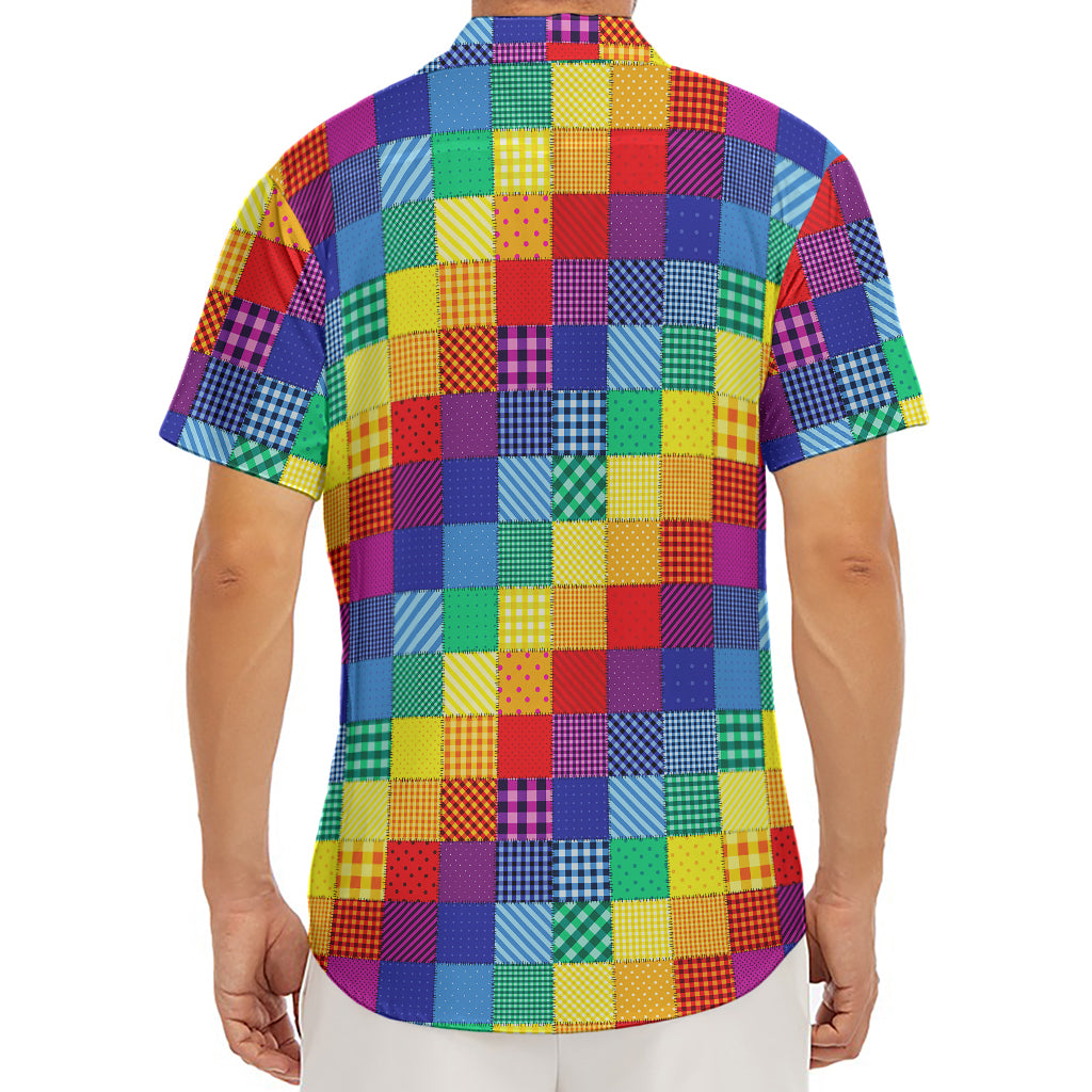 Rainbow Patchwork Pattern Print Men's Deep V-Neck Shirt