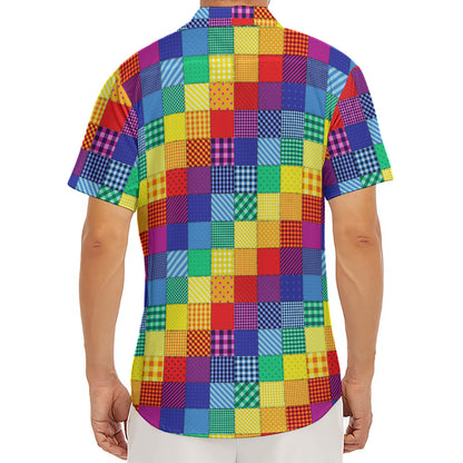 Rainbow Patchwork Pattern Print Men's Deep V-Neck Shirt