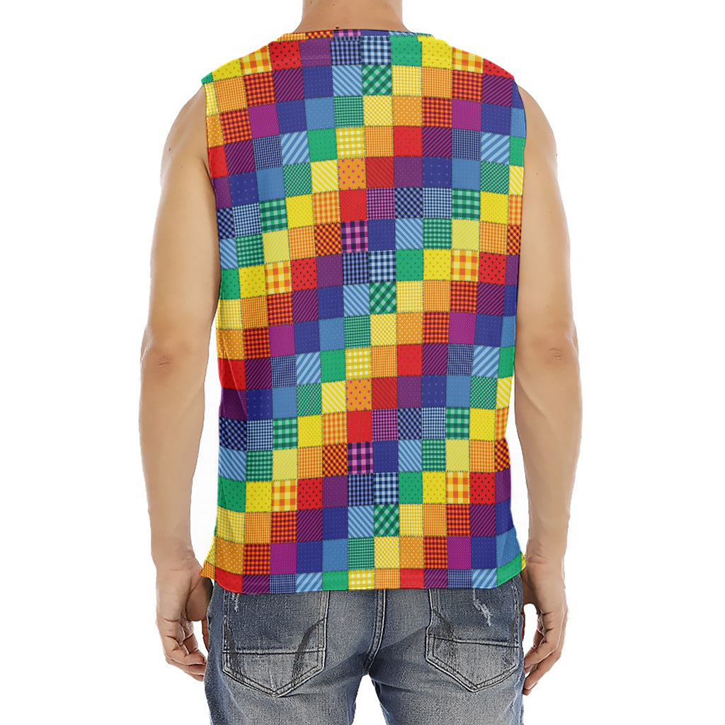 Rainbow Patchwork Pattern Print Men's Fitness Tank Top