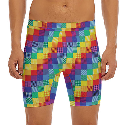 Rainbow Patchwork Pattern Print Men's Long Boxer Briefs