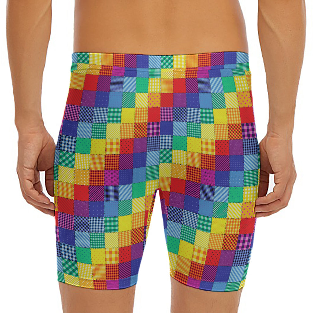 Rainbow Patchwork Pattern Print Men's Long Boxer Briefs