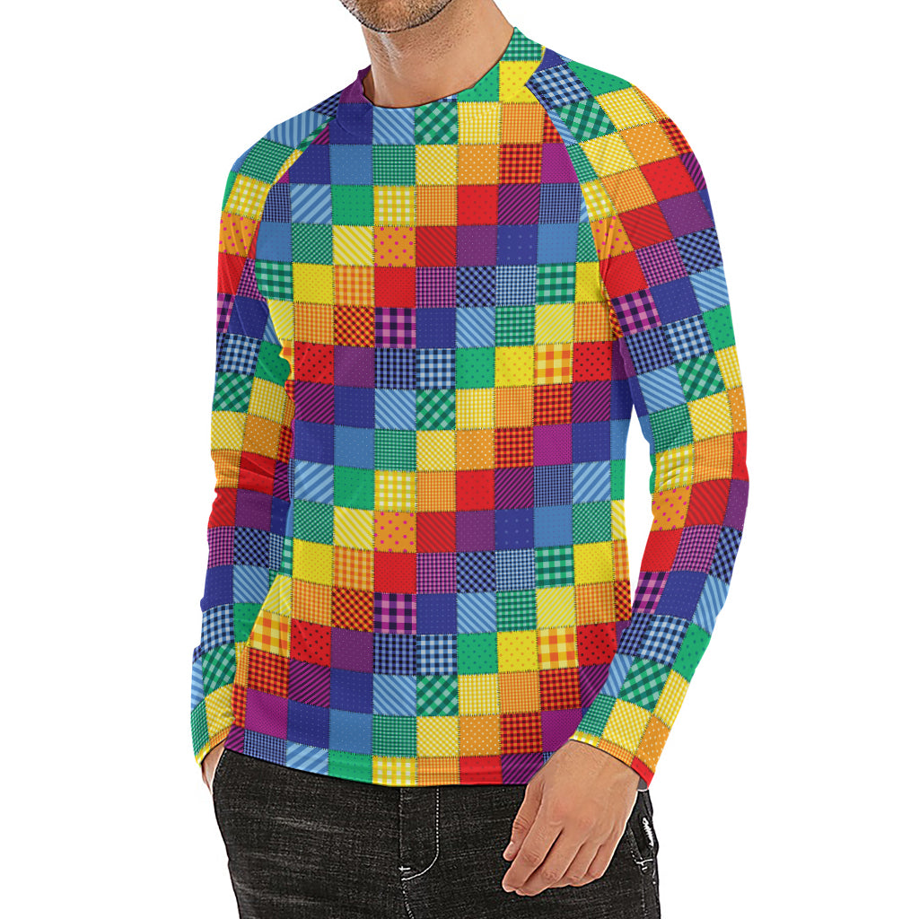 Rainbow Patchwork Pattern Print Men's Long Sleeve Rash Guard