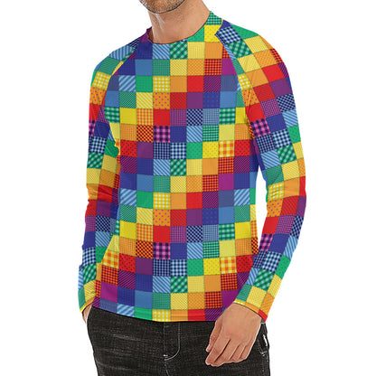Rainbow Patchwork Pattern Print Men's Long Sleeve Rash Guard