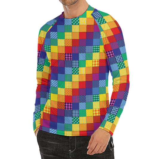 Rainbow Patchwork Pattern Print Men's Long Sleeve Rash Guard