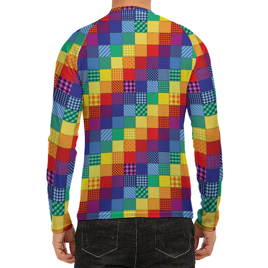 Rainbow Patchwork Pattern Print Men's Long Sleeve Rash Guard