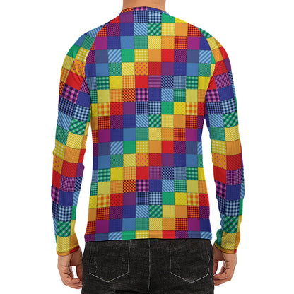 Rainbow Patchwork Pattern Print Men's Long Sleeve Rash Guard