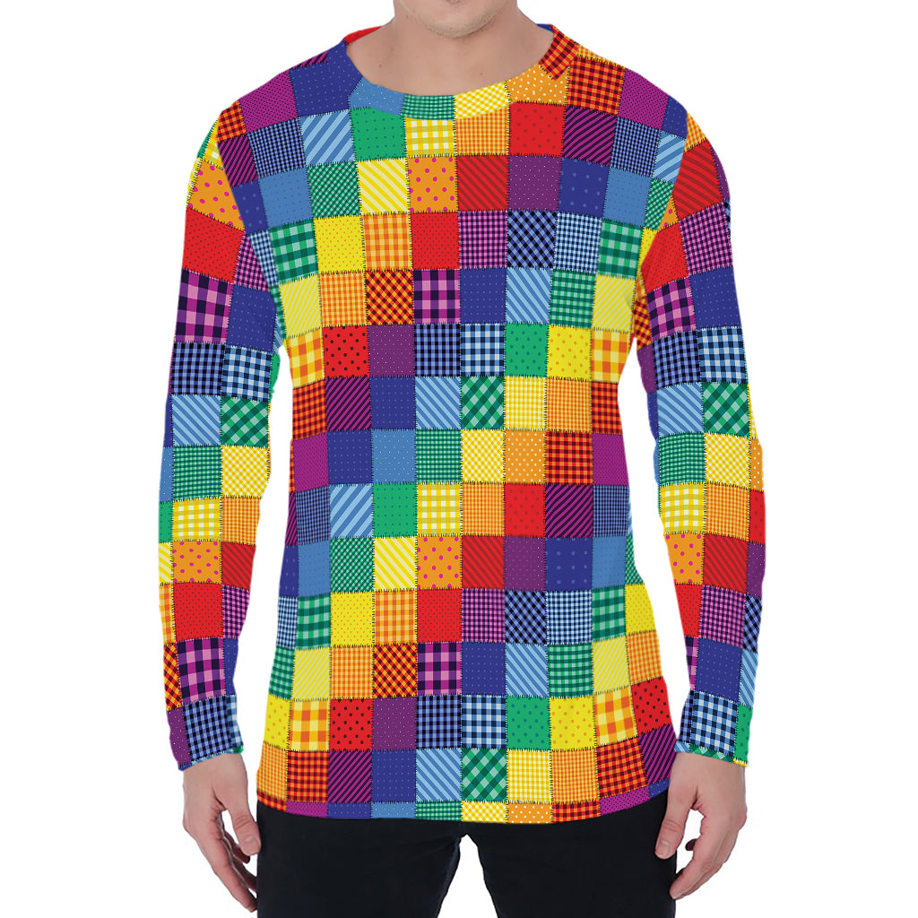Rainbow Patchwork Pattern Print Men's Long Sleeve T-Shirt