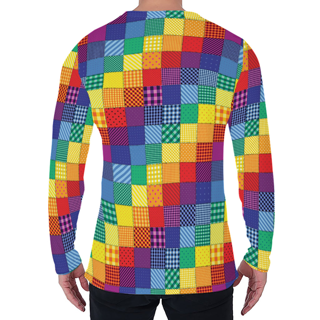 Rainbow Patchwork Pattern Print Men's Long Sleeve T-Shirt