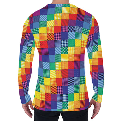 Rainbow Patchwork Pattern Print Men's Long Sleeve T-Shirt