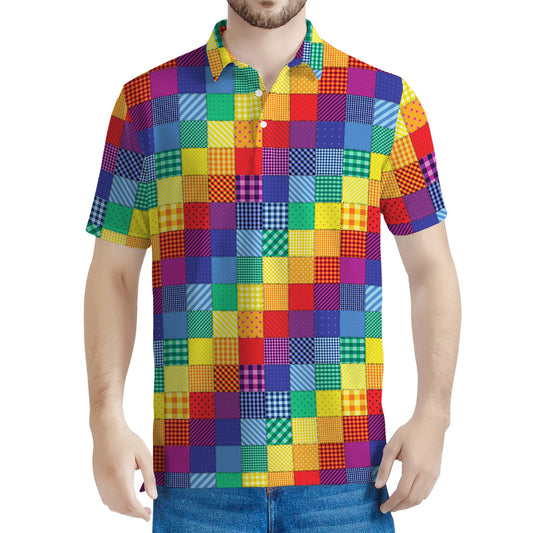 Rainbow Patchwork Pattern Print Men's Polo Shirt