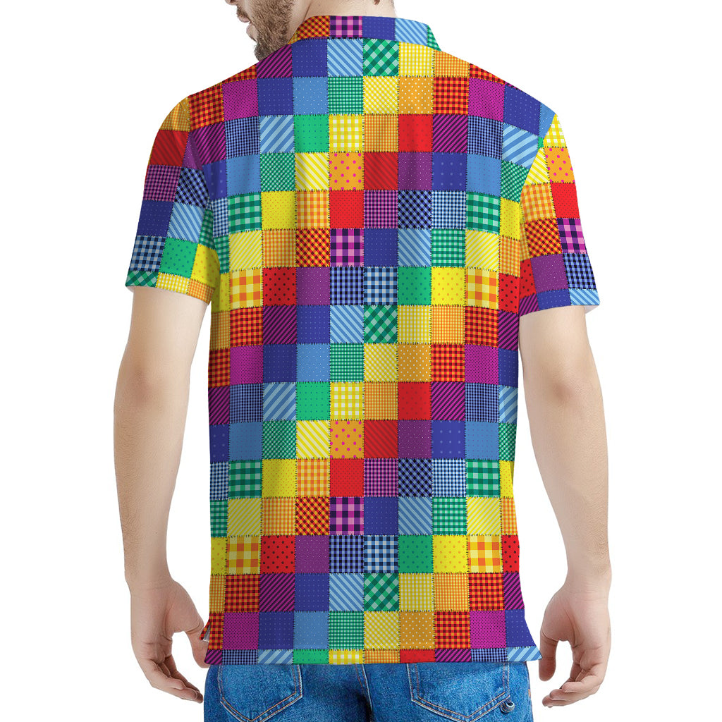 Rainbow Patchwork Pattern Print Men's Polo Shirt