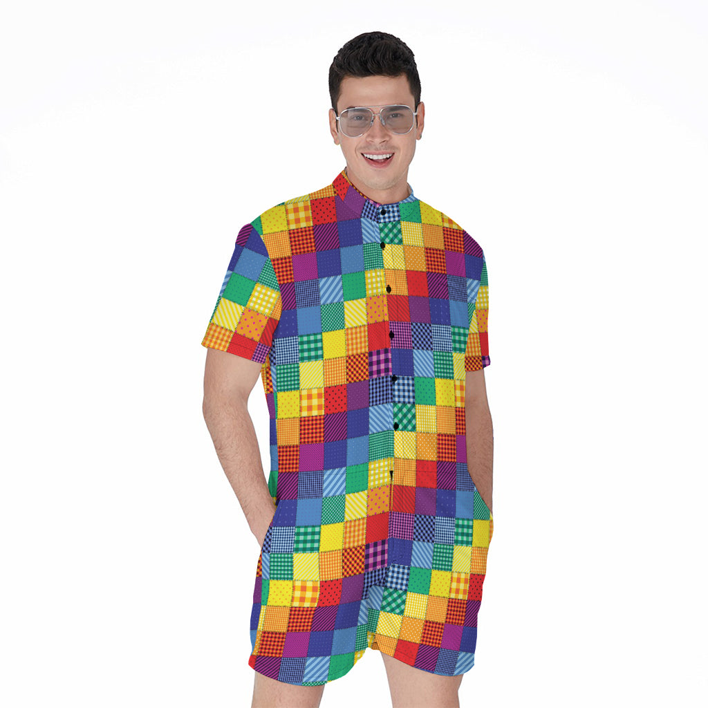 Rainbow Patchwork Pattern Print Men's Rompers