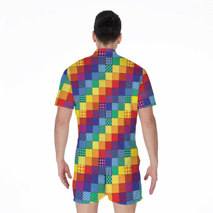 Rainbow Patchwork Pattern Print Men's Rompers