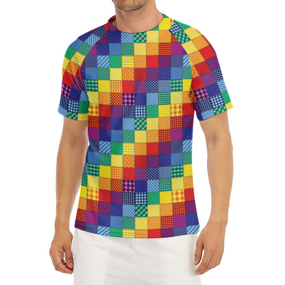 Rainbow Patchwork Pattern Print Men's Short Sleeve Rash Guard