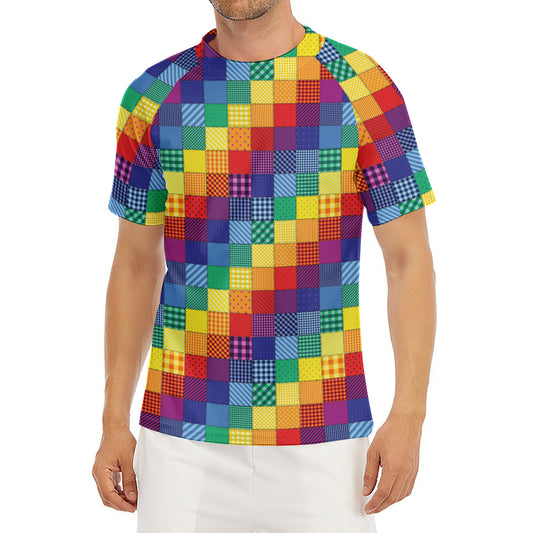 Rainbow Patchwork Pattern Print Men's Short Sleeve Rash Guard