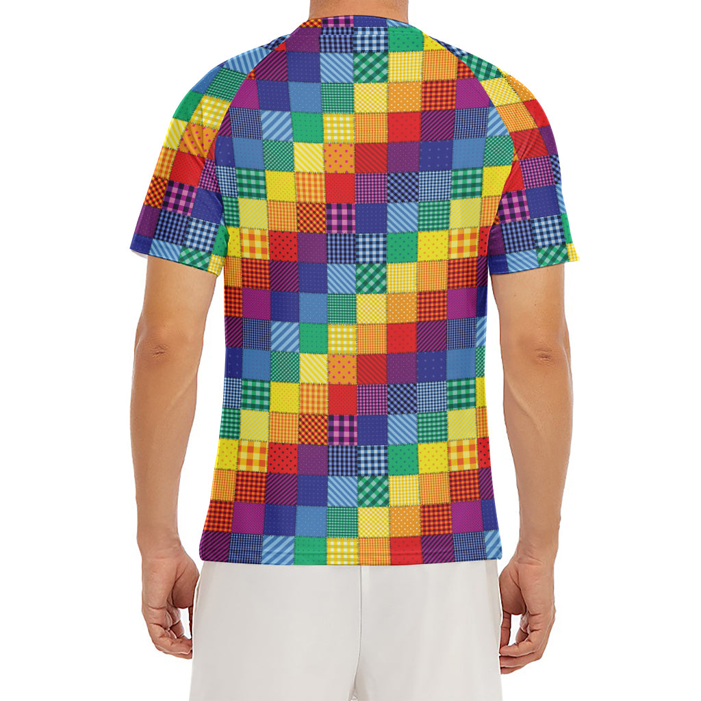 Rainbow Patchwork Pattern Print Men's Short Sleeve Rash Guard
