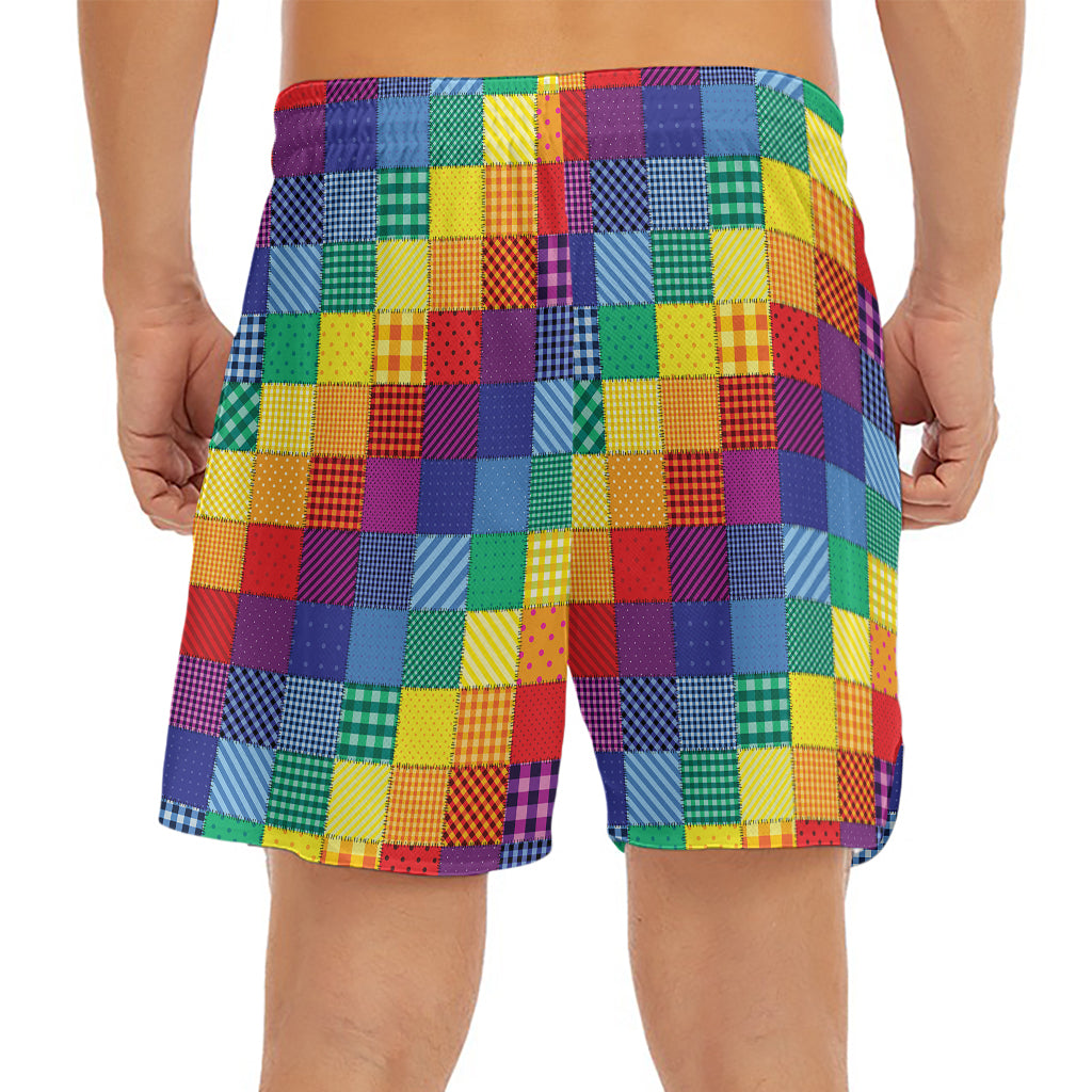 Rainbow Patchwork Pattern Print Men's Split Running Shorts