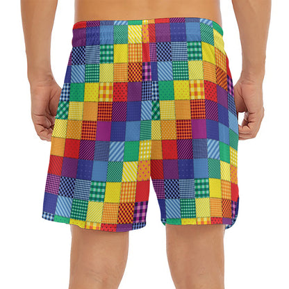 Rainbow Patchwork Pattern Print Men's Split Running Shorts