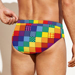 Rainbow Patchwork Pattern Print Men's Swim Briefs