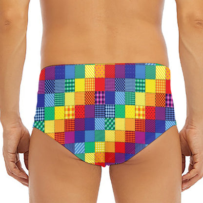 Rainbow Patchwork Pattern Print Men's Triangle Swim Briefs