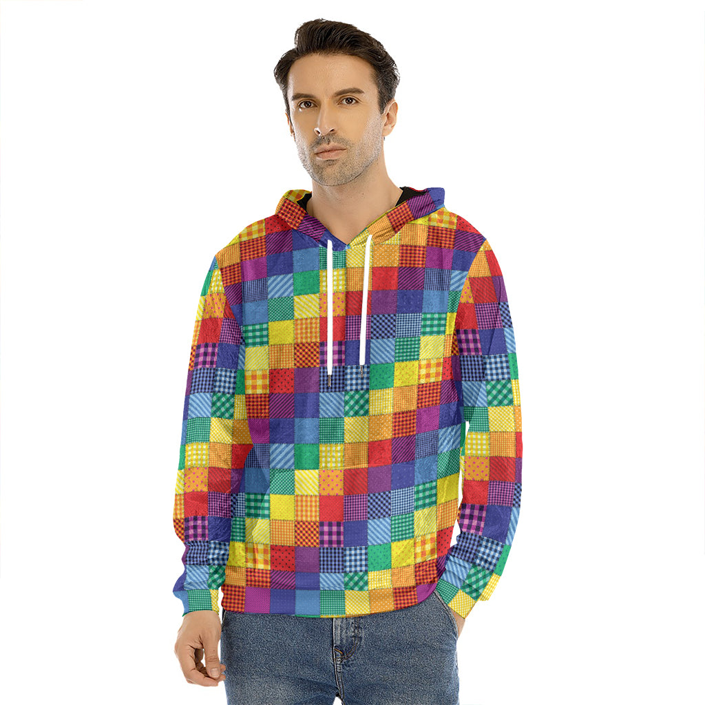 Rainbow Patchwork Pattern Print Men's Velvet Pullover Hoodie