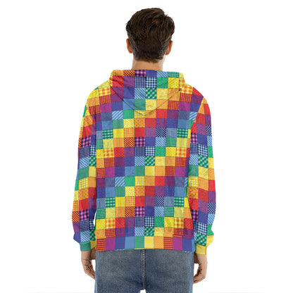 Rainbow Patchwork Pattern Print Men's Velvet Pullover Hoodie
