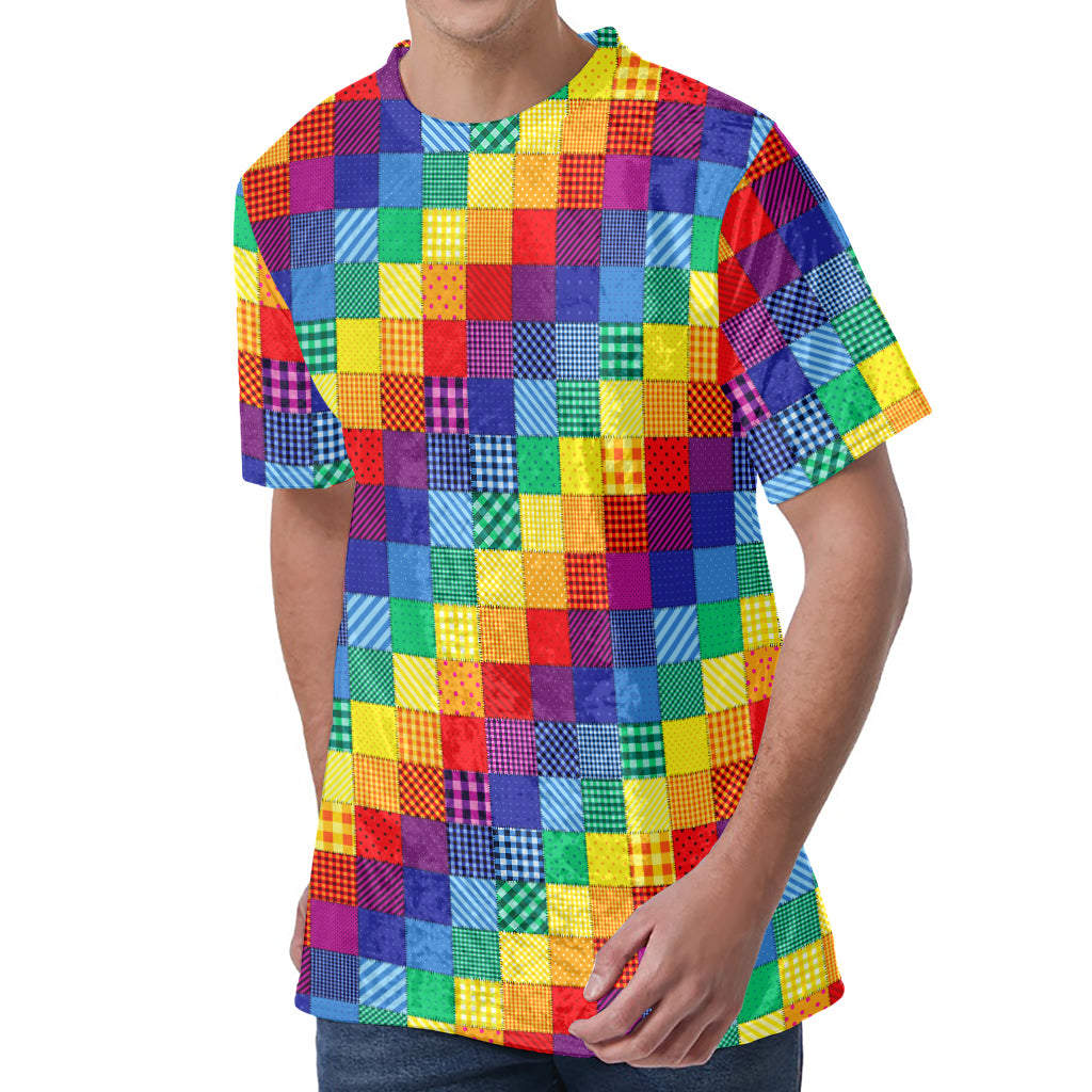 Rainbow Patchwork Pattern Print Men's Velvet T-Shirt