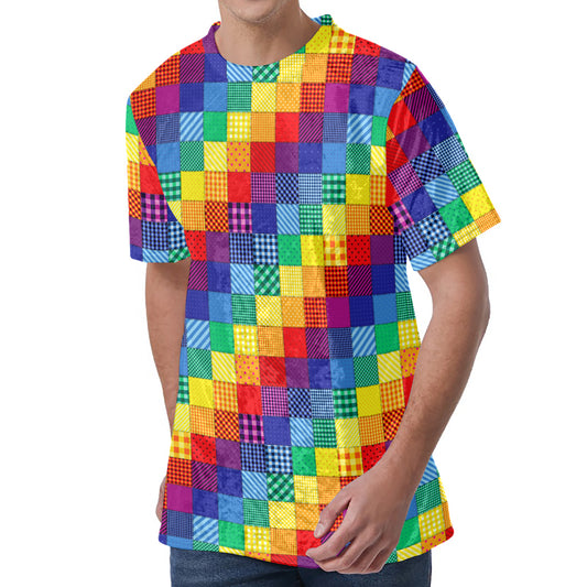 Rainbow Patchwork Pattern Print Men's Velvet T-Shirt