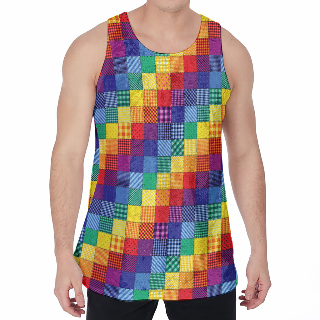 Rainbow Patchwork Pattern Print Men's Velvet Tank Top