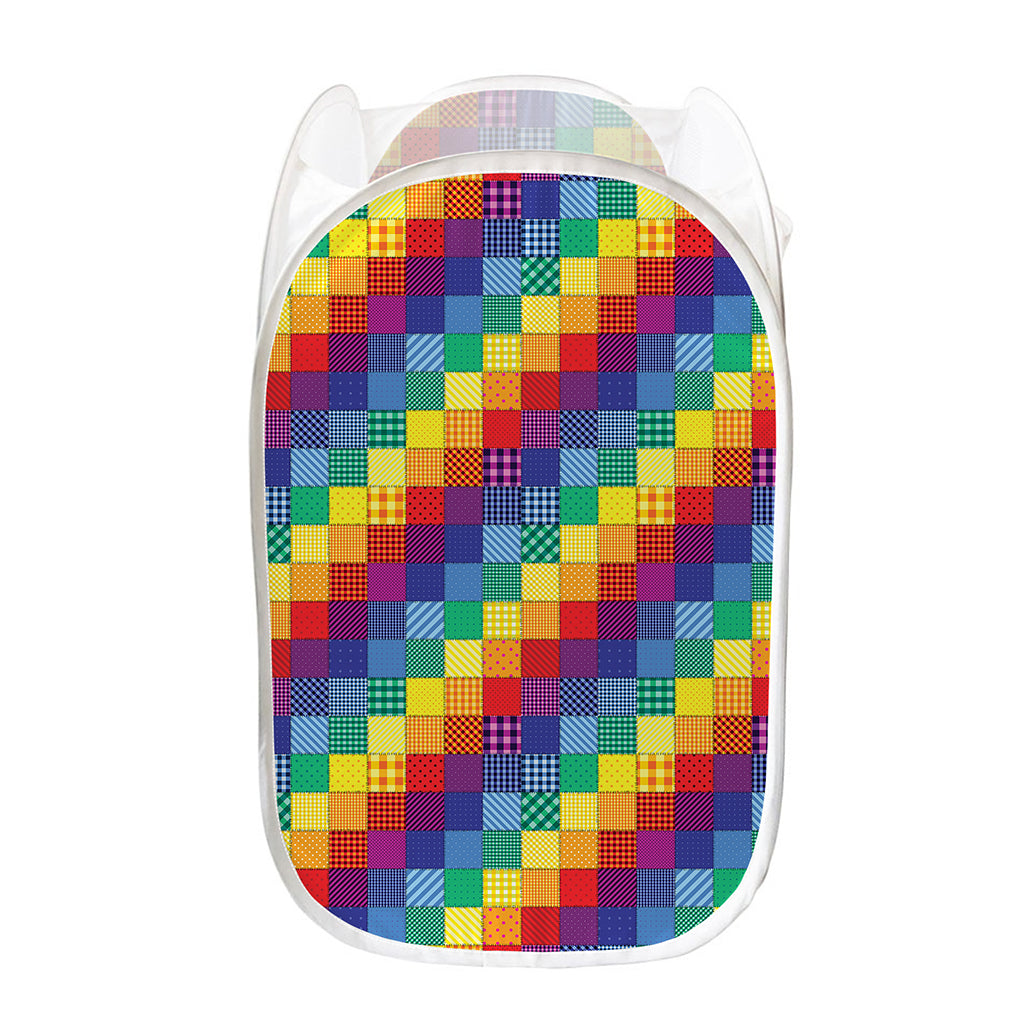 Rainbow Patchwork Pattern Print Mesh Laundry Hamper