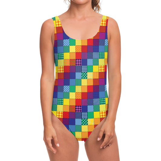 Rainbow Patchwork Pattern Print One Piece Swimsuit
