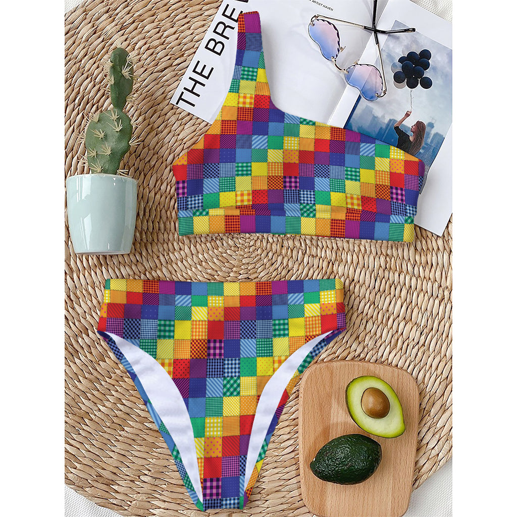 Rainbow Patchwork Pattern Print One Shoulder Bikini Top