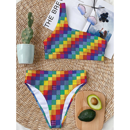 Rainbow Patchwork Pattern Print One Shoulder Bikini Top