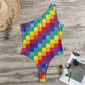 Rainbow Patchwork Pattern Print One Shoulder Bodysuit