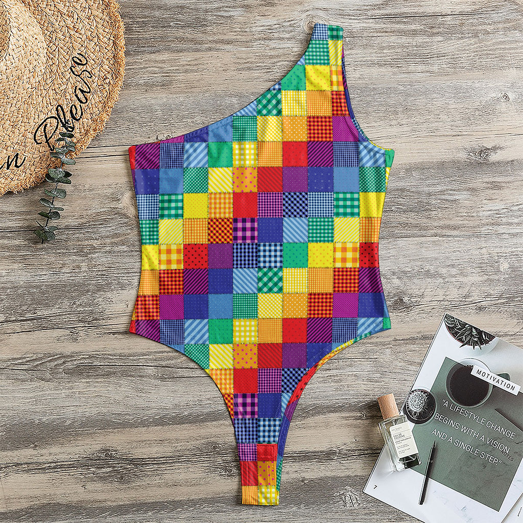 Rainbow Patchwork Pattern Print One Shoulder Bodysuit