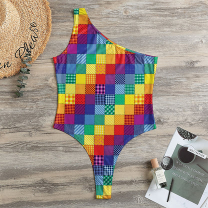 Rainbow Patchwork Pattern Print One Shoulder Bodysuit