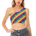 Rainbow Patchwork Pattern Print One Shoulder Crop Top
