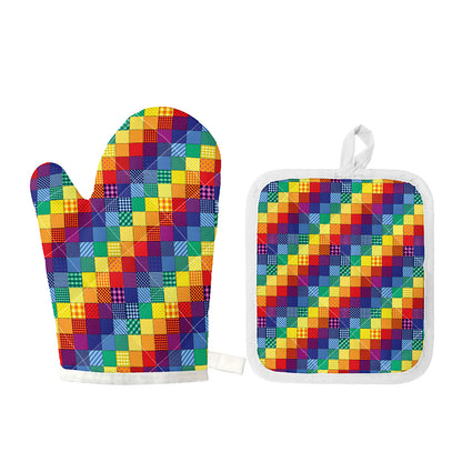 Rainbow Patchwork Pattern Print Oven Mitt And Pot Holder Set
