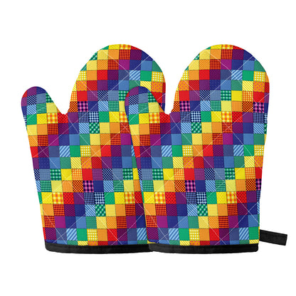 Rainbow Patchwork Pattern Print Oven Mitts