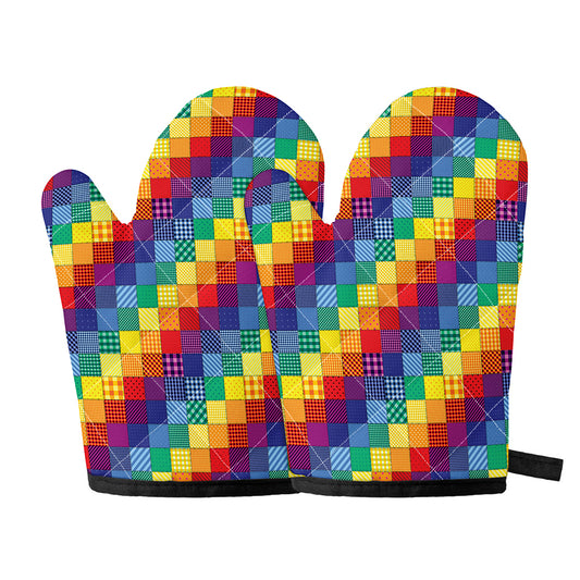 Rainbow Patchwork Pattern Print Oven Mitts