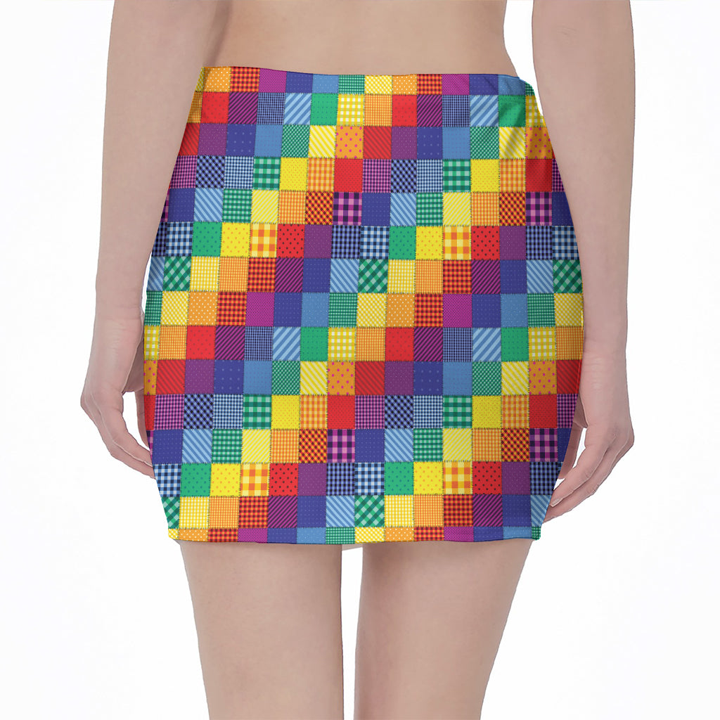 Rainbow Patchwork Pattern Print Pencil Mini Skirt