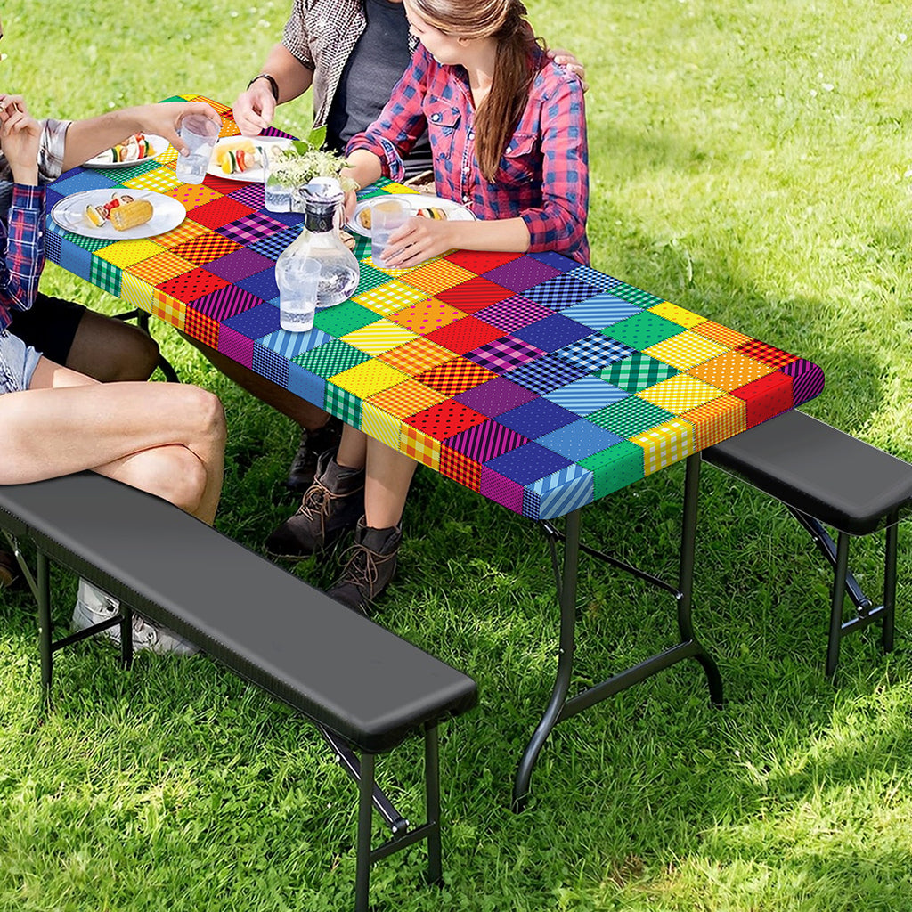 Rainbow Patchwork Pattern Print Picnic Table Cover
