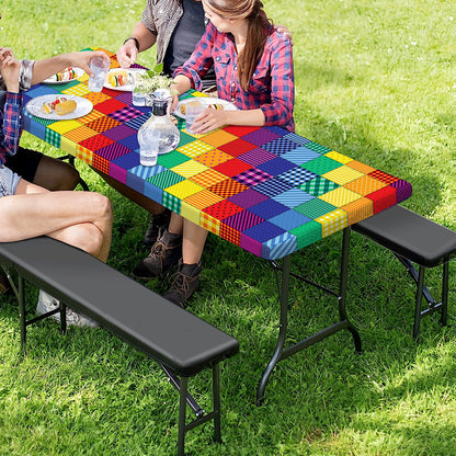 Rainbow Patchwork Pattern Print Picnic Table Cover