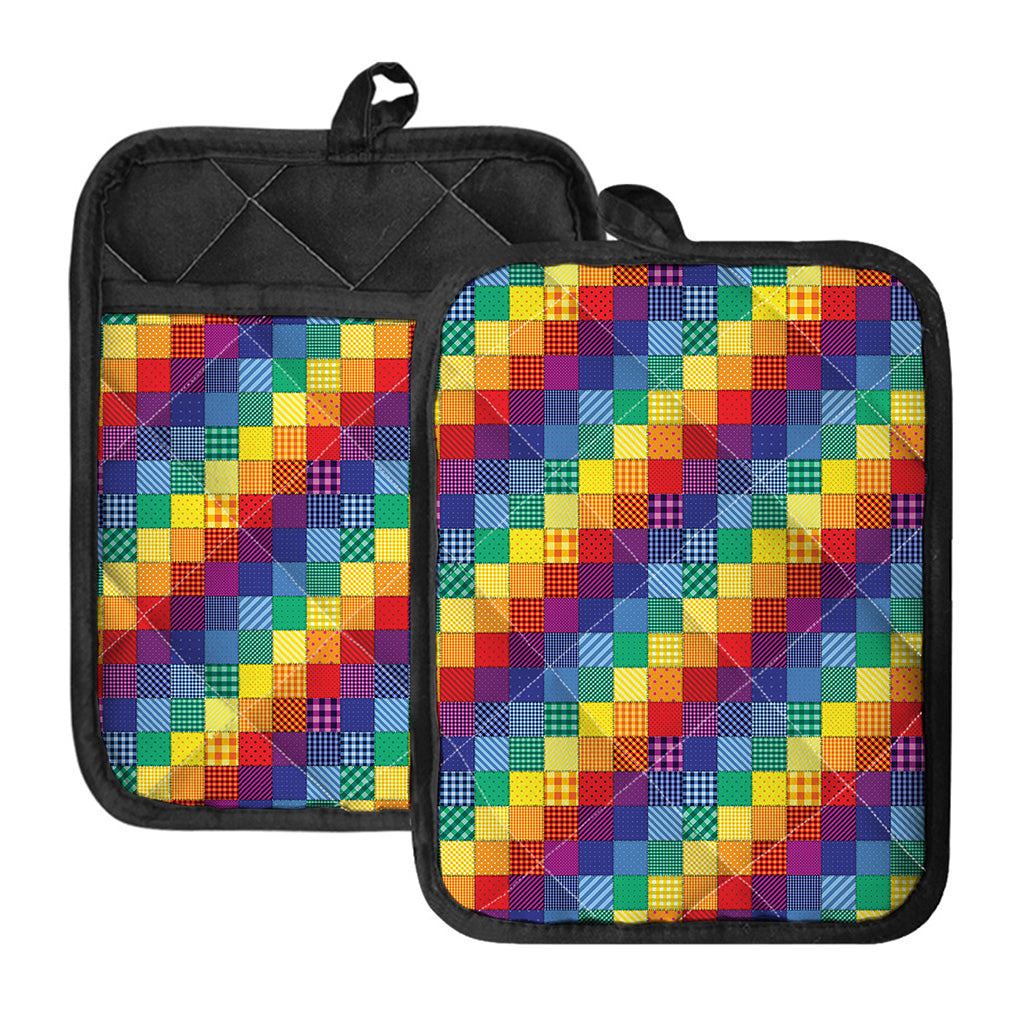 Rainbow Patchwork Pattern Print Pot Holders With Pocket
